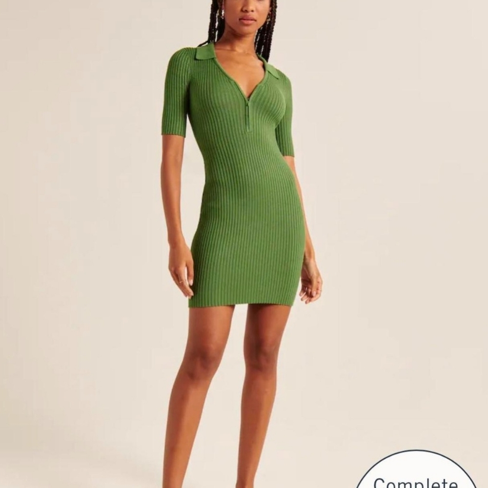 Half-Zip Polo Mini Sweater Dress Medium Tall Green